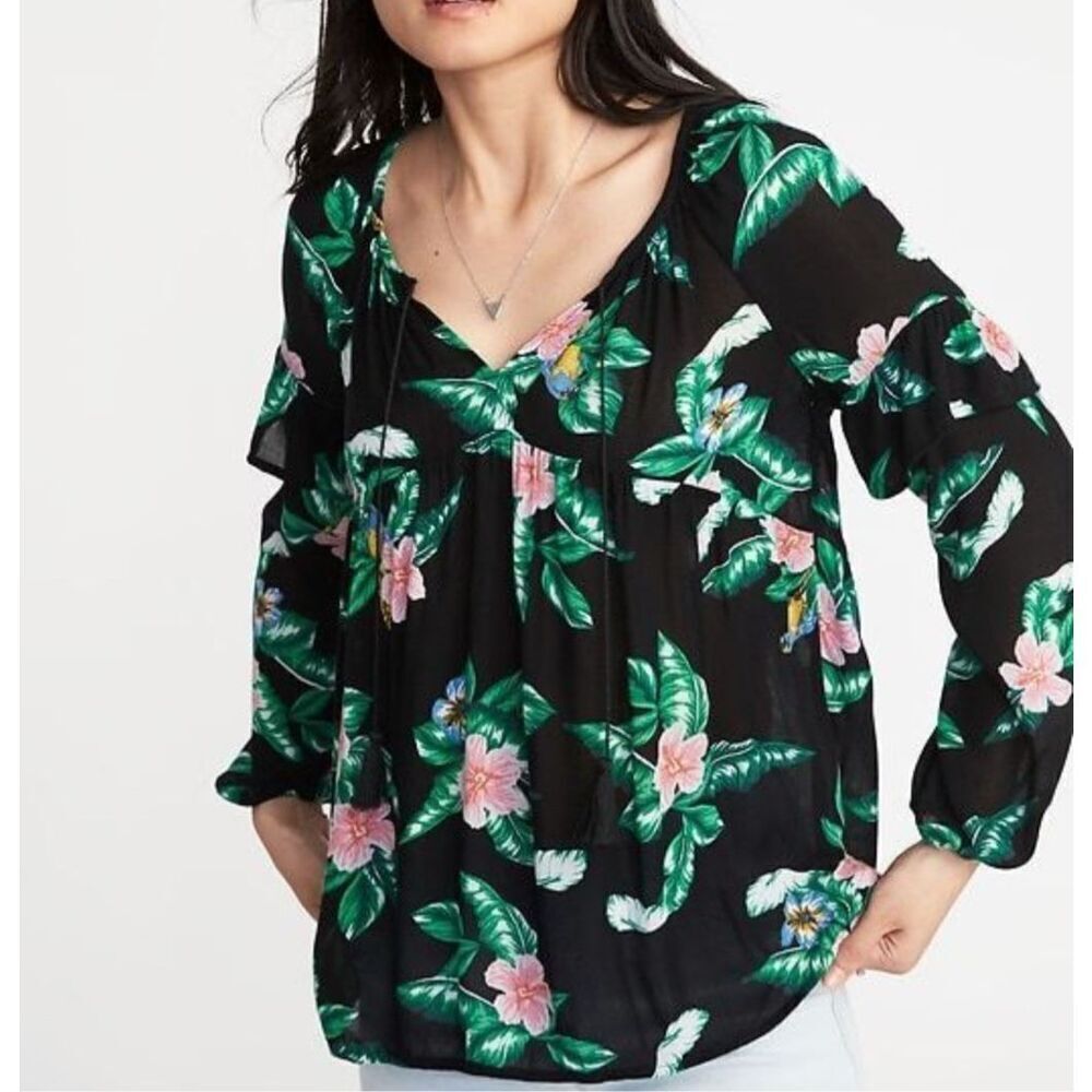 Old Navy Black Tropical Bird Print Long Sleeve V-neck Peasant Blouse Top sz XXL